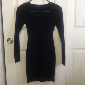 Black crepe square neck long sleeve bodycon dress